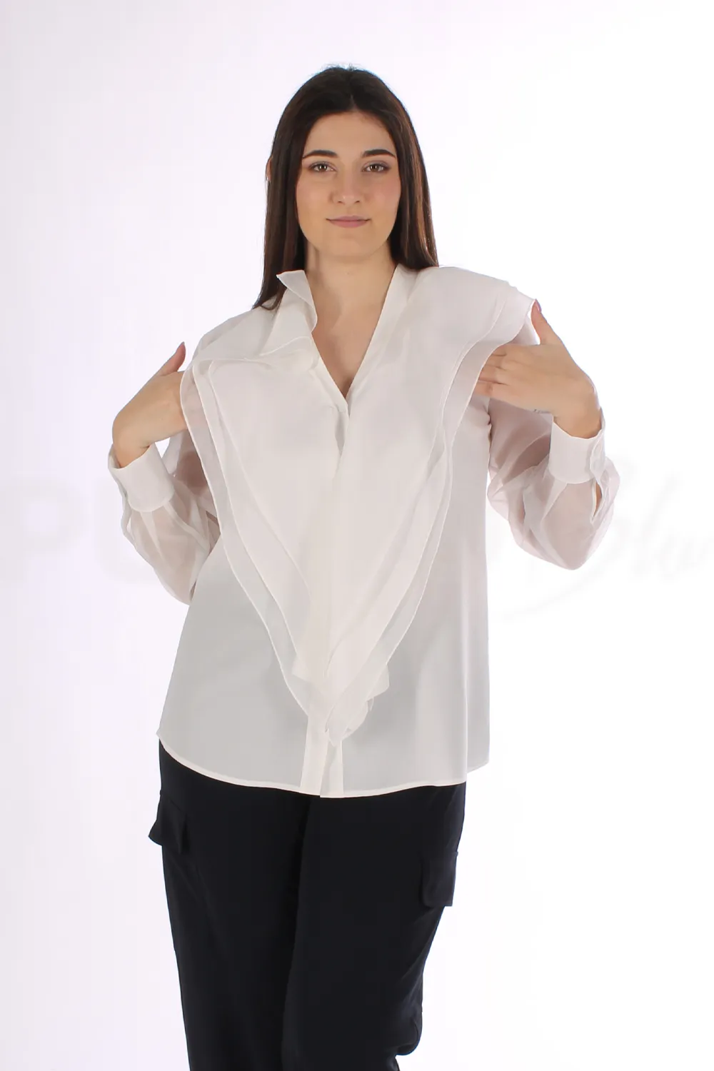 MARINA RINALDI | CAMICIA CON MAXI VOLANT FRONTALI  - Punto Blu